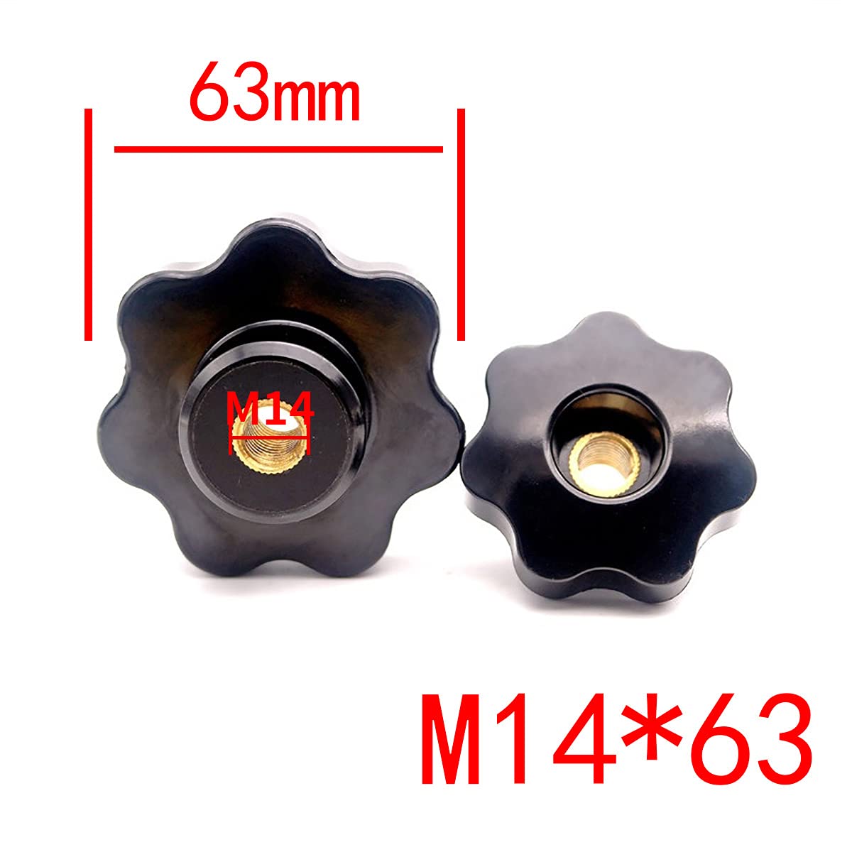 Star Knob Grips M14 x 63mm Copper Core Insert Female Thread Heptagonal Head Screw Bolt Clamping Knobs Handle Tightening Screws Black - Image 4