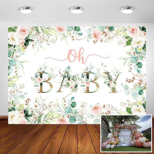 Avezano Greenery Girl Oh Baby Backdrop for Baby Shower Decoration Photography Background Blush Pink and Gold Floral Eucalyptus Greenery Leaves Baby Girl's Shower Party Photoshoot (7x5ft)