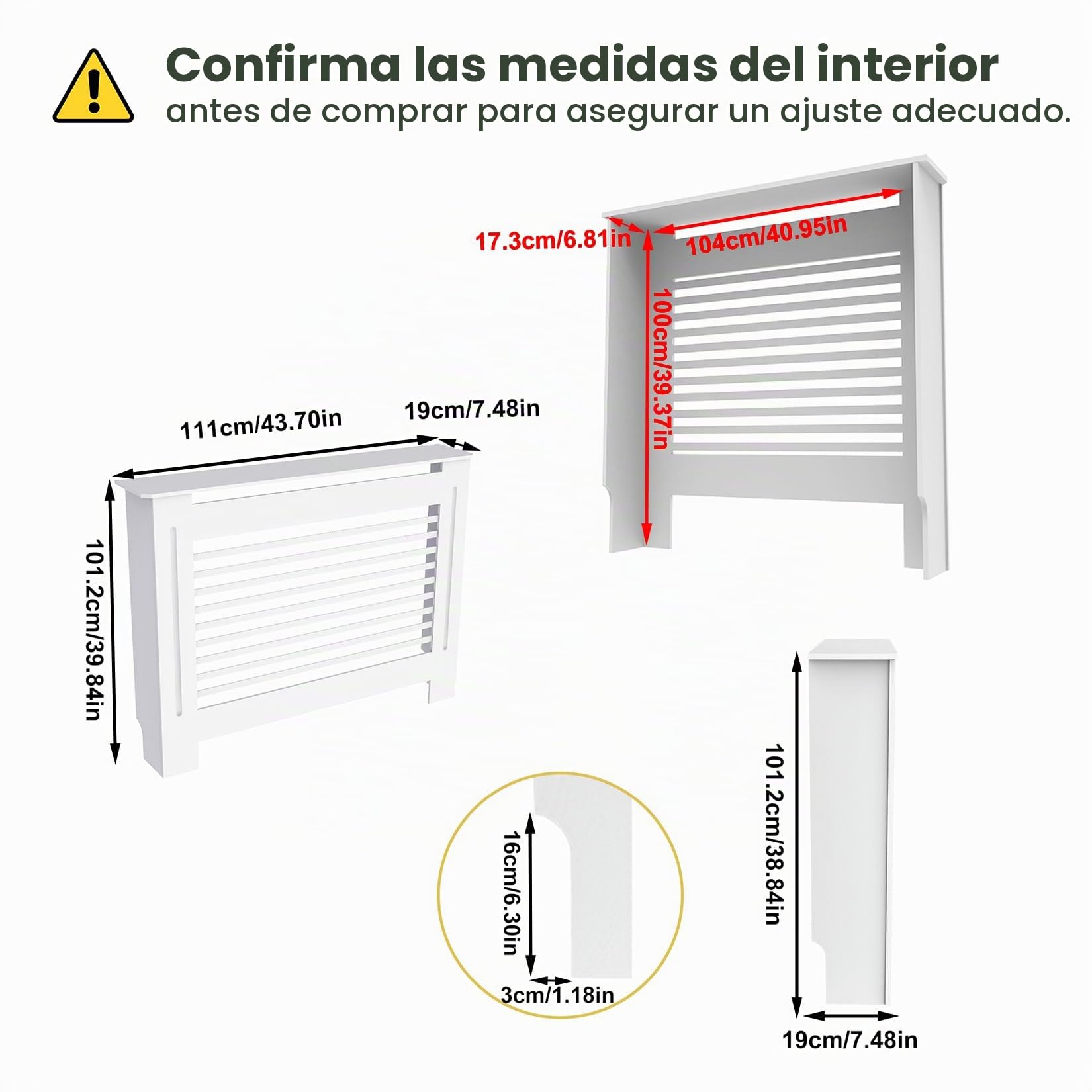 FATIVO Cubierta de Radiador Alta Blanca Moderna: 100 cm de Altura Interior Consola Cubreradiador de Madera Armario Cubre Radiador de MDF Estante para Calentador (Horizontal, 111x19x101 cm)