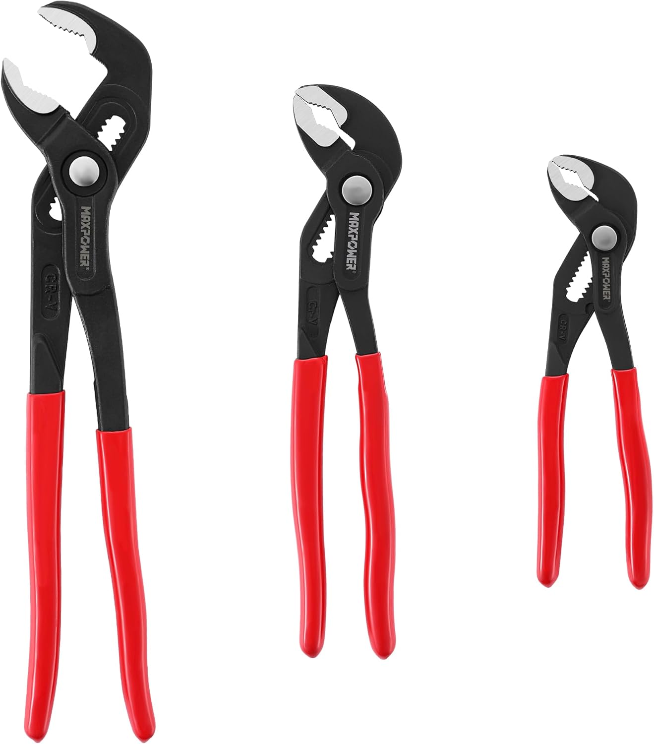 MAXPOWER 7" 10" 12" Water Pump Pliers Set, Quick Adjustment Push Button Locks Pliers, with Max Jaw Capacity 0.98" 1.4" 1.6"