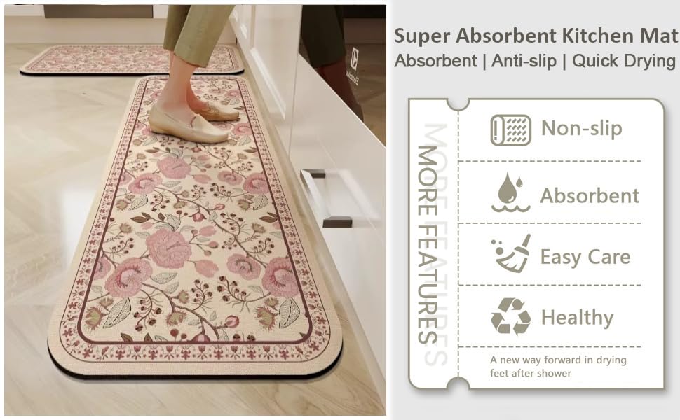 Image of YAGVIZ 2 Pcs Kitchen Mats Set - Waterproof Memory Foam Anti-Fatigue Mat Non-Slip Rug, Comfort Runner Rug Floor Mat Carpets for Kitchen Home Office, Sink & Laundry, Hallway Floral Design mat