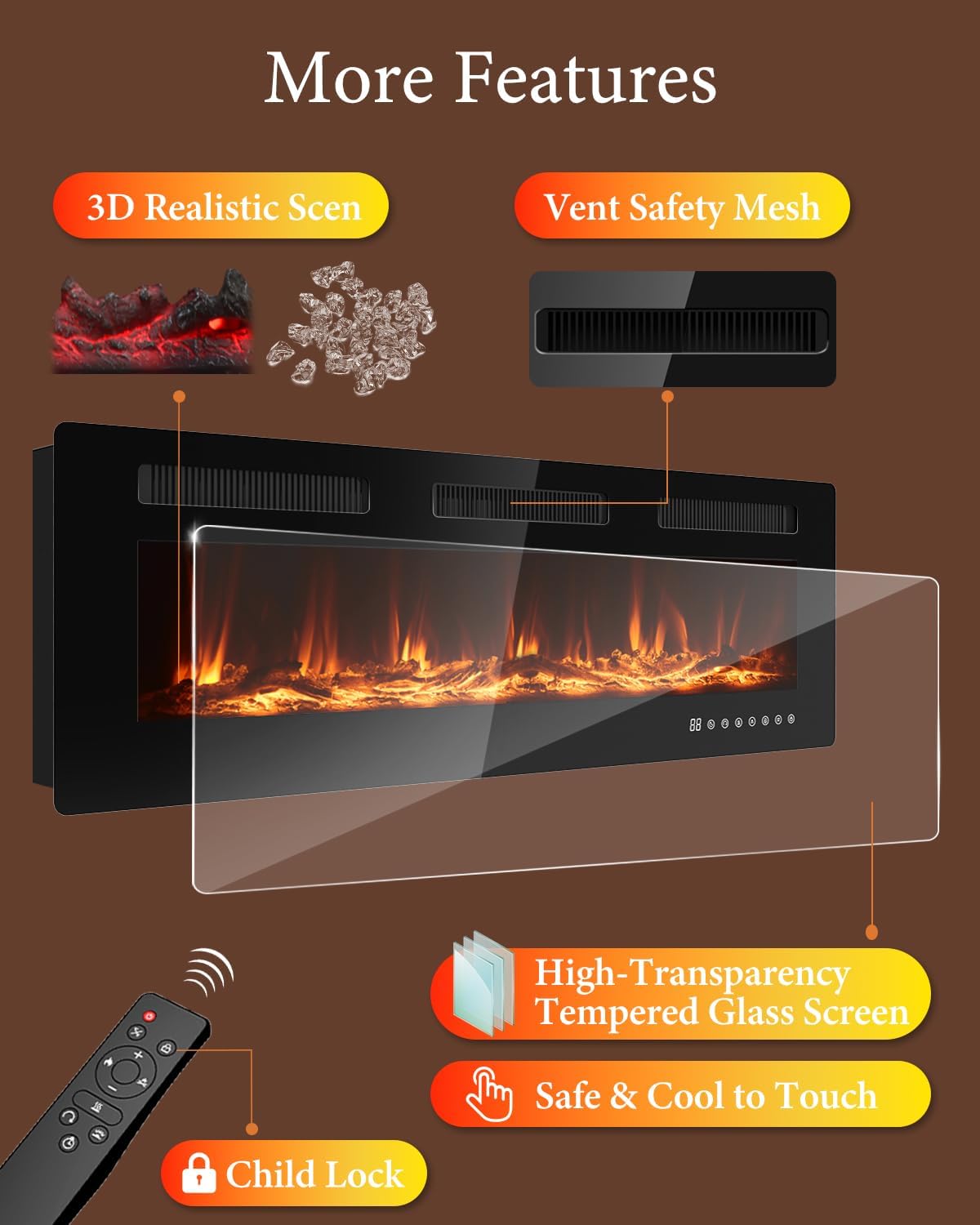 60" Electric Fireplace Insert| Wall Fireplace Electric with 3 Remote Controls |36 Custom Flame Effects — 6 Flame Speed＆6 Brightness Levels |225 Color Combinations |Fireplace with 12H Timer |750-1500W