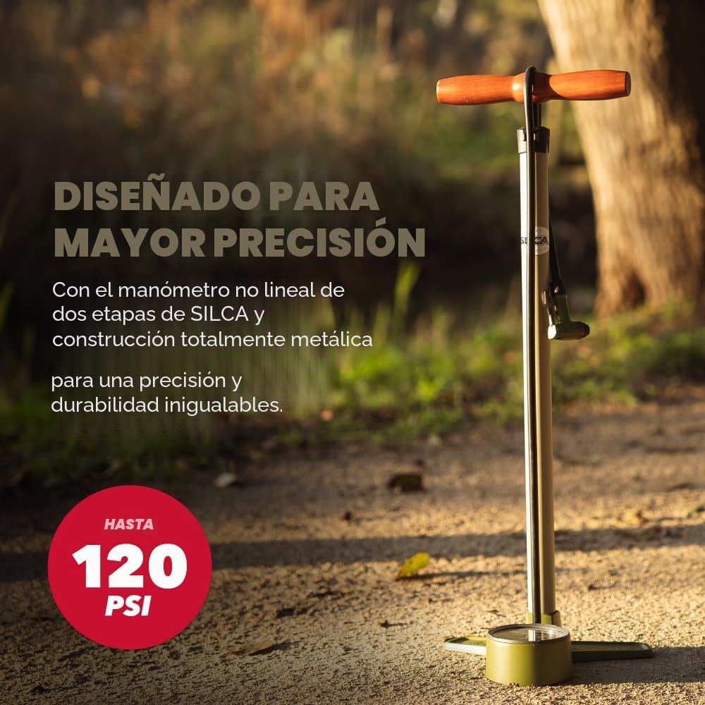 SILCA Bomba de Suelo para Bicicleta Terra | Manómetro de Alta y Baja presión de 2 etapas | Portabrocas de Bloqueo Reversible Presta y Schrader | Barril y Base de Aluminio | Verde Oliva