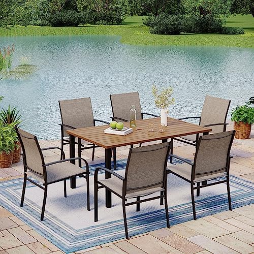 MIXPATIO 7-Piece Outdoor Dining Set 6 Brown Textilene Chairs and Teak Color Tabletop Outdoor Dining Table with 1.57"~2" Umbrella Hole for Deck Garden Backyard