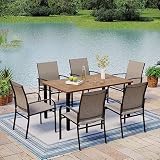 MIXPATIO 7-Piece Outdoor Dining Set 6 Brown Textilene Chairs and Teak Color Tabletop Outdoor Dining