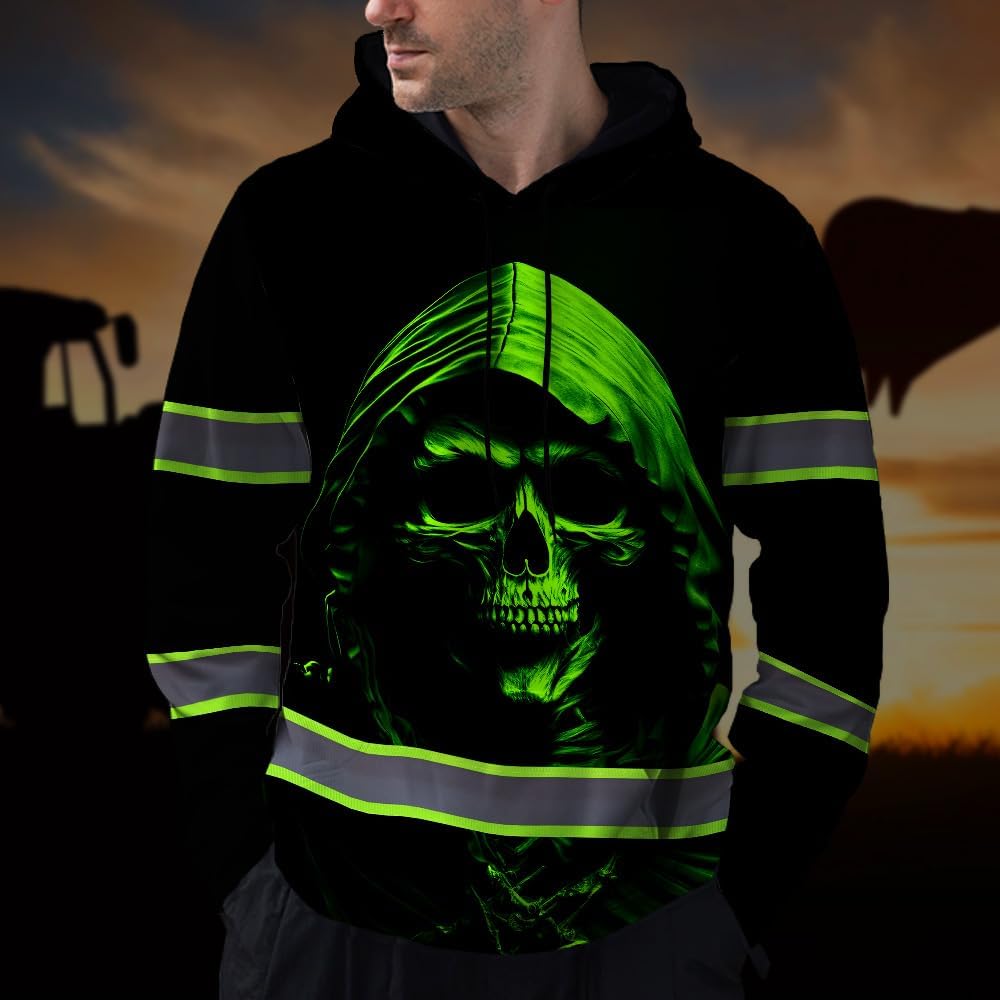 Maddly High Visibility Hoodie with Skull Design, Hi Vis Safety Workwear Custom Name for Workers, Runners, Truckers, Cyclist