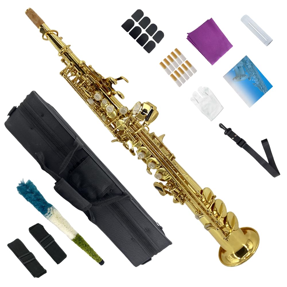 Saxophone soprano droit en laiton laqué doré avec coque naturelle pour débutants, ensemble combo avec étui de transport, gants, kit de nettoyage et sangles (doré)