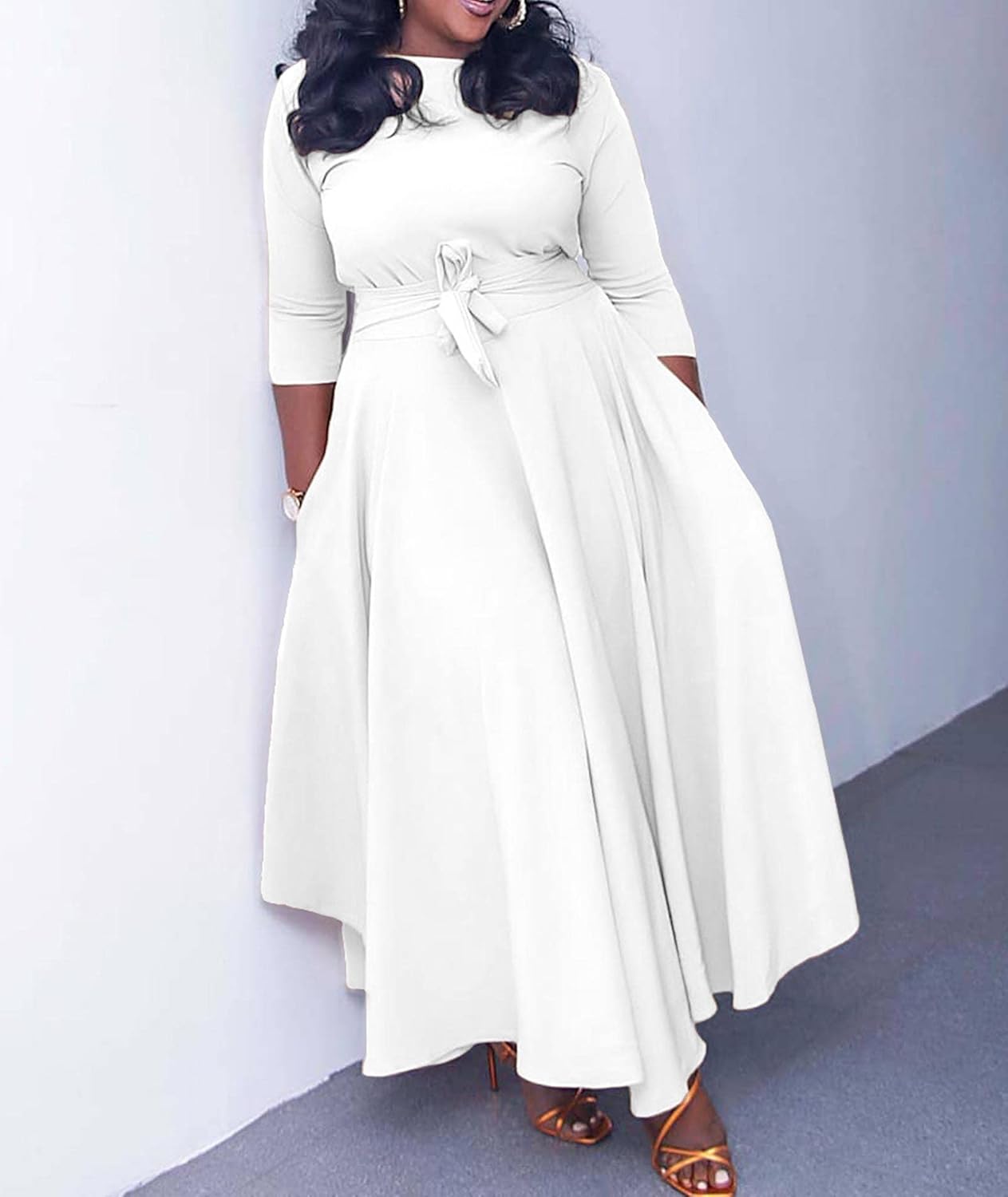 SOMTHRON Women's Casual 3/4 Sleeve Long Maxi Dress A-Line Flared Solid Wrap Tie Waist Swing Dresses - Image 2