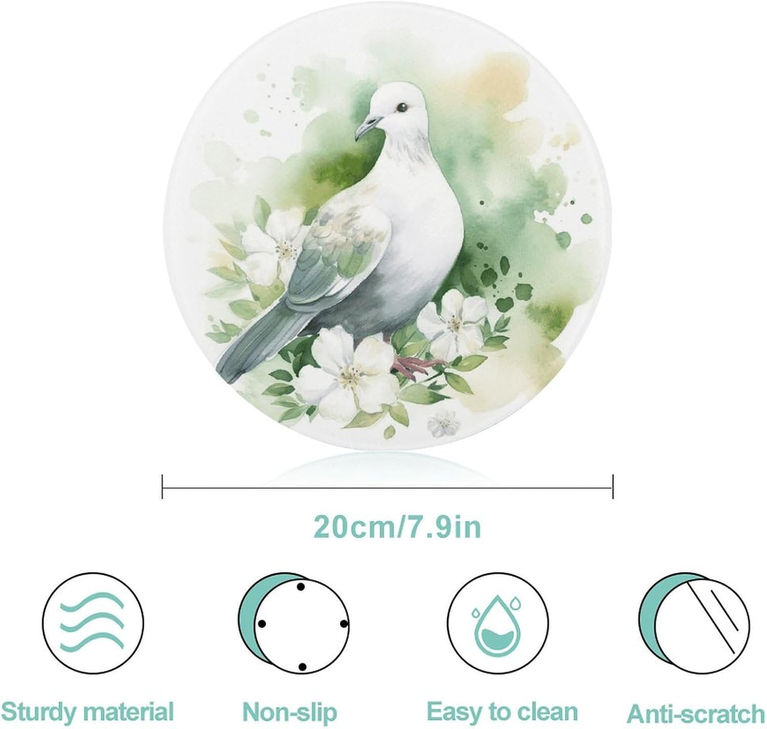 Dove with A Flower Cutting Board Portable Small Chopping Boards Tempered Glass Kitchen Counter Protector Non-Slip Round Charcuterie Boards Mat for Bar Cheese Board