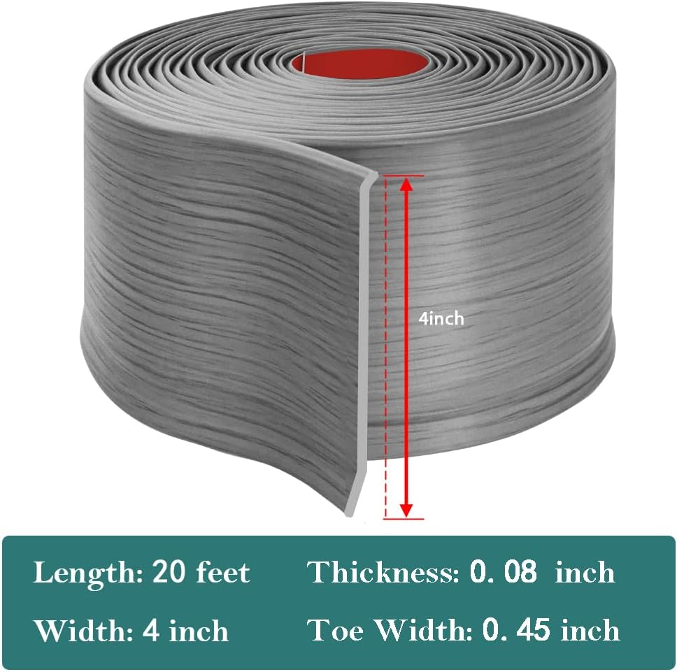 LSGCQ Flexible Baseboard Molding Trim 4 Inch x 20 Feet Self-Adhesive Vinyl Wall Base Peel and Stick Cove Base Rubber Wall Moulding Trim (Wood Grain Light Gray)