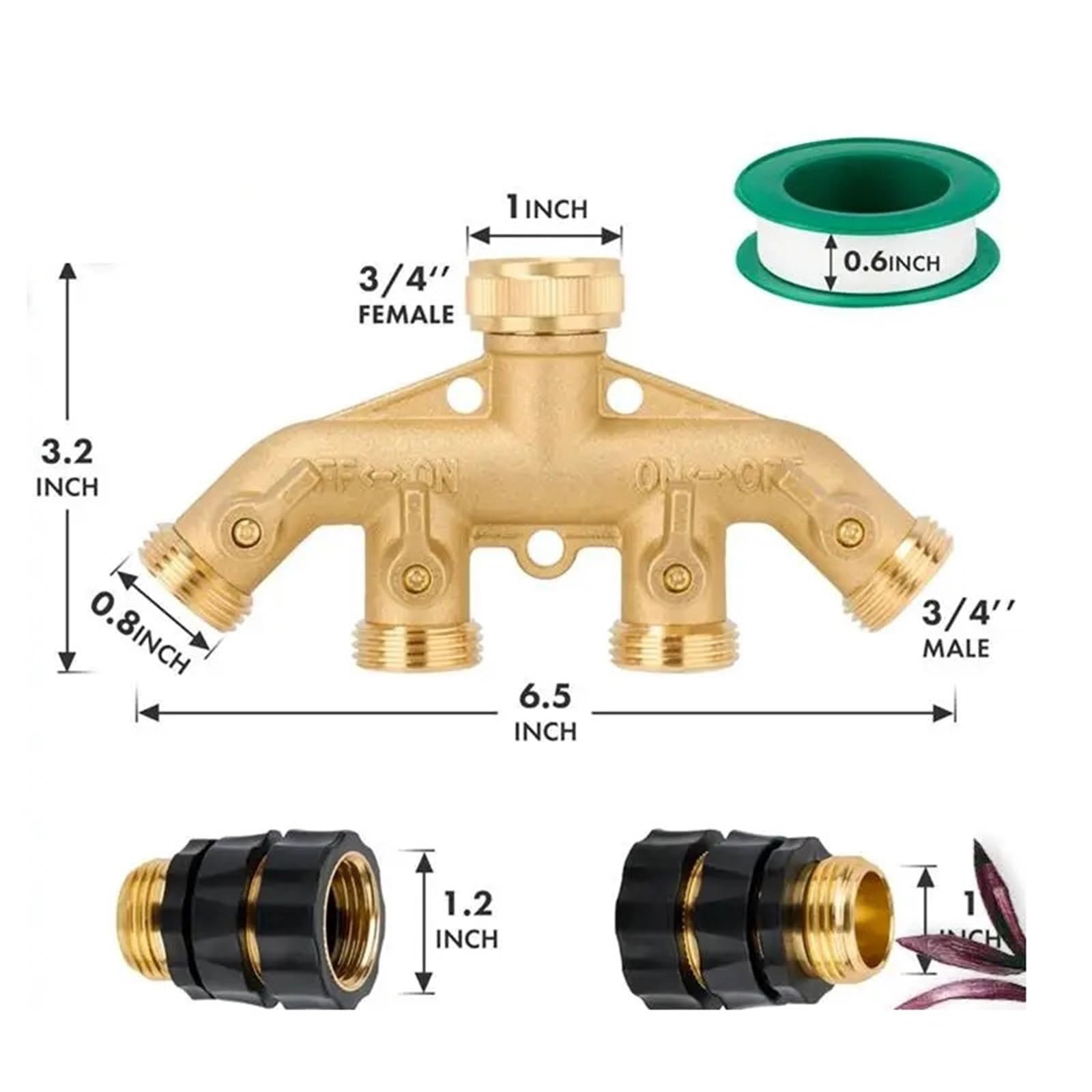 Sdoppiatore for Tubo dell'Acqua da Giardino, connettore, Ottone Resistente a 4 Vie, connettori rapidi con Raccordo 3/4 Pollici Femmina e Maschio, for Rubinetto