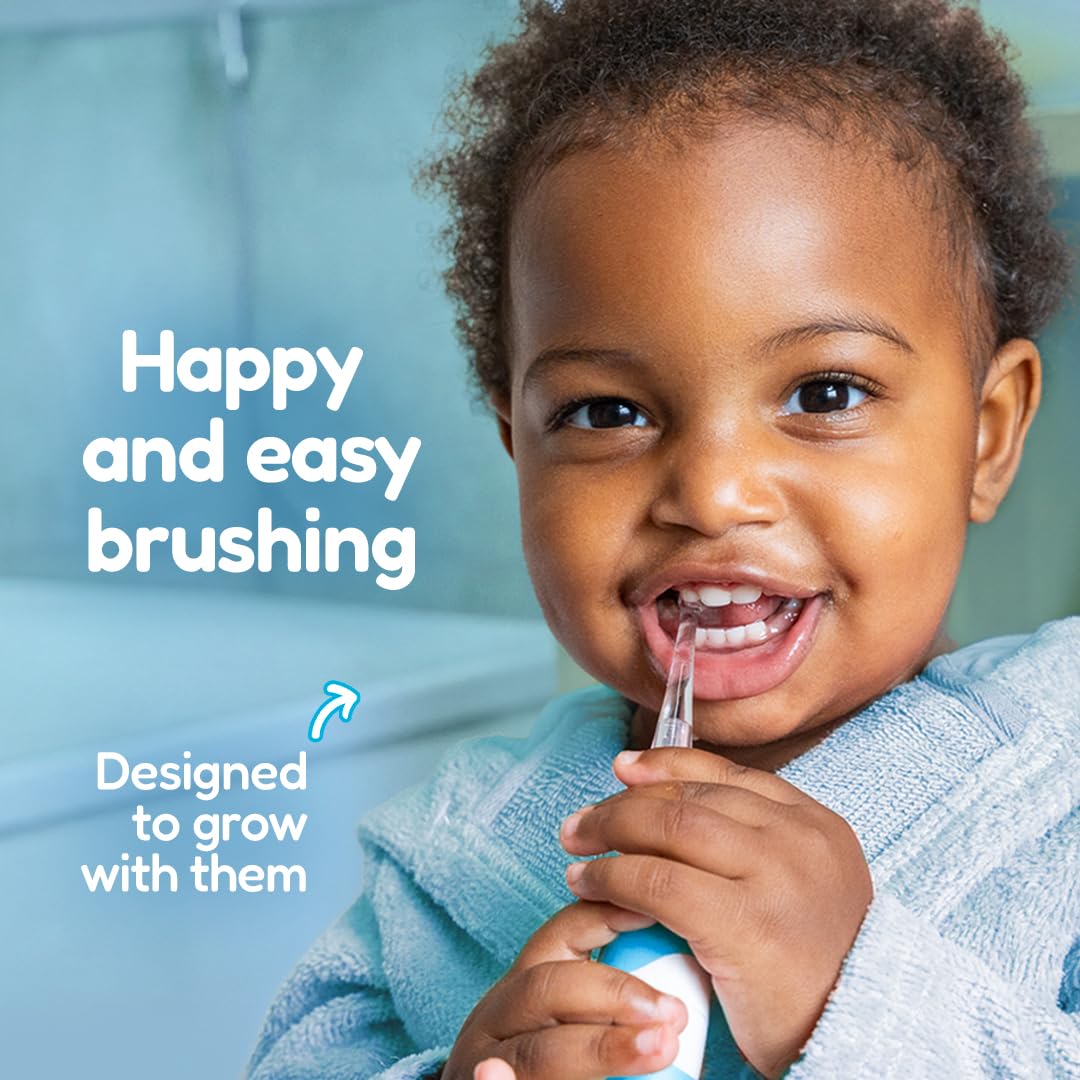 Brush-Baby - BabySonic - Spazzolino elettrico blu, 0-36 mesi, morbido e delicato, per gengive sensibili e denti nuovi, con luce LED e base di aspirazione, testine per neonati e bambini