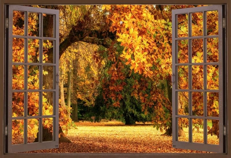 DASHAN 10x8ft Window Fall Forest Backdrop Fall Maples Leaves Wedding Autumn Foliage Party Decorations Autumn Park Fall Bridal Shower Photography Background Birthday Outdoor Travel Family Photo Props