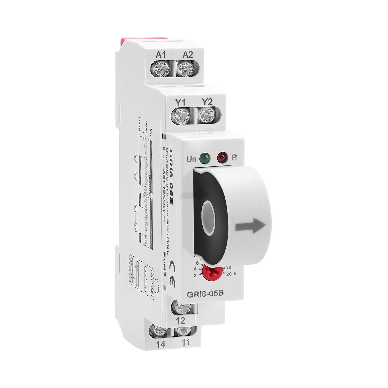 DEWIN Relé, GRI8-05B Relé de Corriente Monitorización AC/DC, Monitorización de Sobrecorriente/Subcorriente AC/DC 24V-240V (Corriente ajustable 2A-20A)