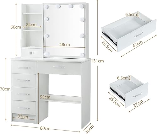 Miniatura 6 de tojump Tocador con espejo y luces, juego de tocador de maquillaje con 5 cajones, tocador de dormitorio con taburete de tocador, blanco (moderno