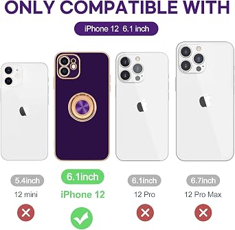 Hython Case for iPhone 12 Case with Ring Stand [360 Rotatable Ring Holder Magnetic Kickstand] [Soft Microfiber Lining] Plating Rose Gold Edge Shockproof Protective Phone Cases Cover, Dark Purple