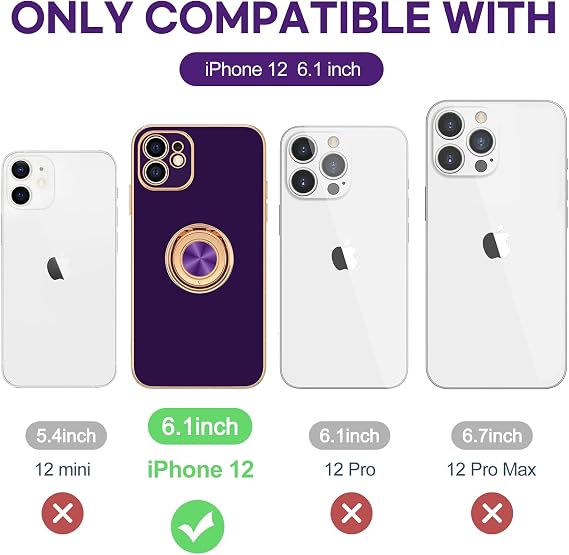 Hython Case for iPhone 12 Case with Ring Stand [360 Rotatable Ring Holder Magnetic Kickstand] [Soft Microfiber Lining] Plating Rose Gold Edge Shockproof Protective Phone Cases Cover, Dark Purple