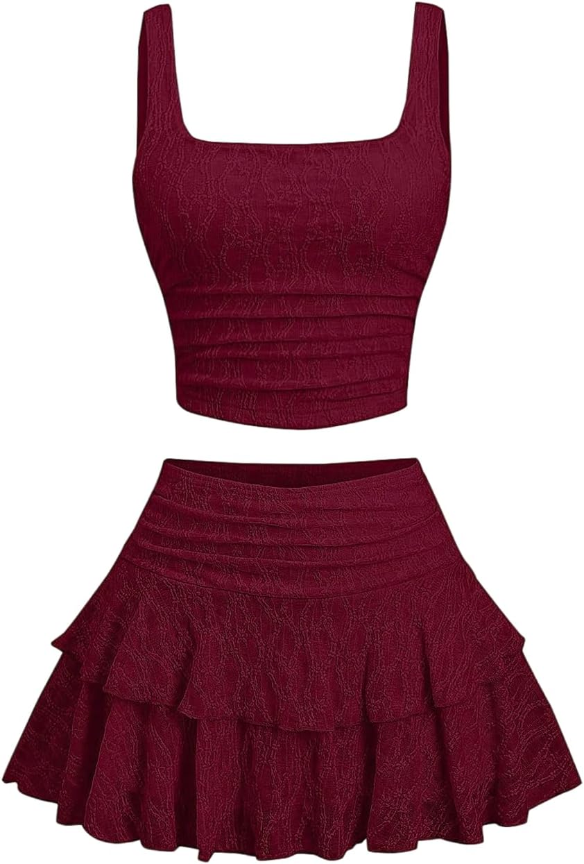 SHENHE Women's Two Piece Skirt Set Lace Ruched Fairy Crop Tank Tops and Layered Ruffle Skirt