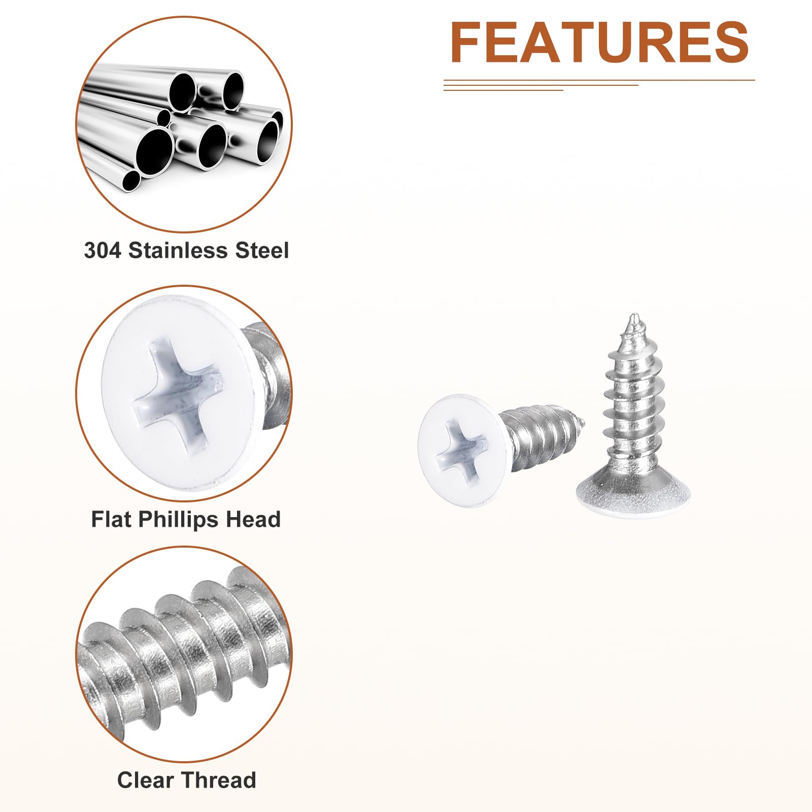 DTGN 100Pcs ST5x16mm Flat Head Wood Screws, 304 Stainless Steel White Phillips Self Tapping Screws - Image 4