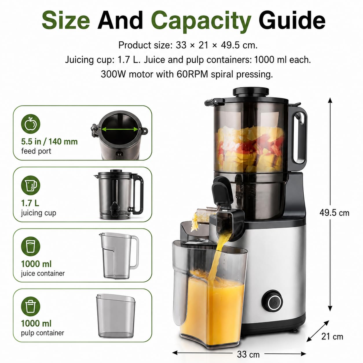 Extracteur de jus à froid, goulotte de 5,5 pouces, 300 W, 60 tr/min