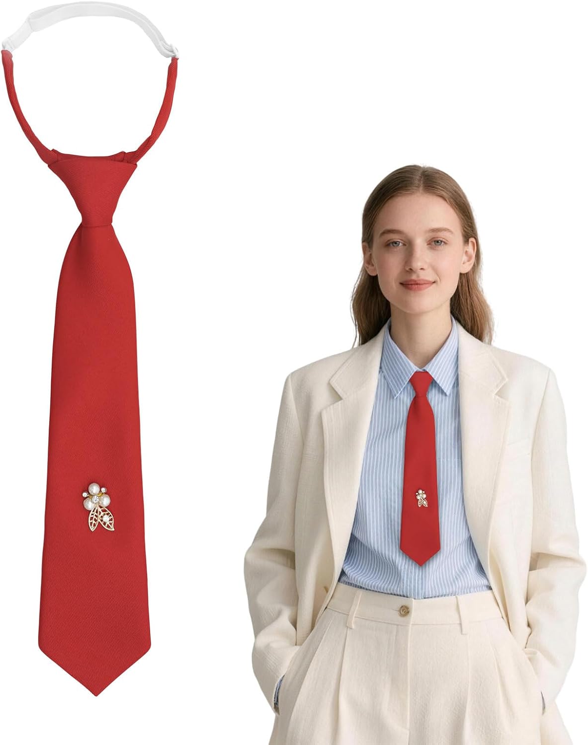 Neck Ties for Women, Pre-tied Womens Tie With Chic Decoration Adjustable Ladies Necktie for Party School Daily Work