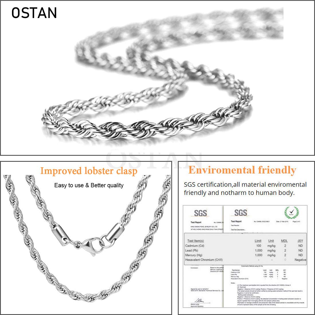 OSTAN Collana da Uomo Donna Catena di Corda Intrecciata Collegamento in Acciaio Inossidabile Larghezza 2.0-5.0 MM Lunghezza 45-80 CM Argento