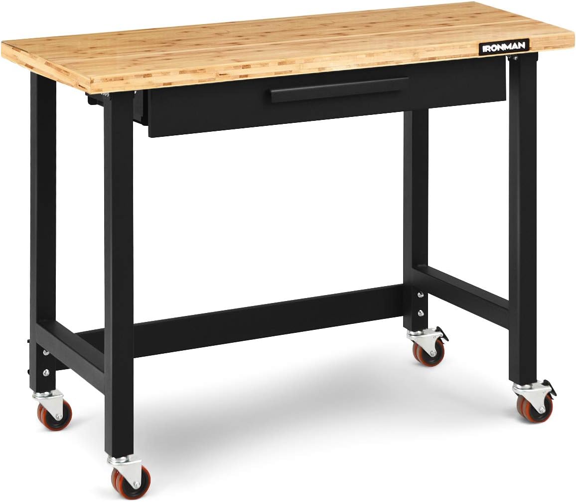 Goplus 48" Mobile Workbench, Bamboo Tabletop Workstation with Two Lockable Casters, Sliding Organizer Drawer, Weight Capacity 500 Lbs, Multipurpose Worktable