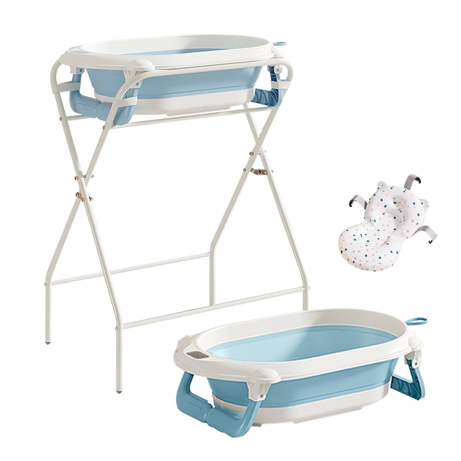 Kynorva Foldable Baby Bathtub with Stand, Water Thermometer & Support Pillow, Ergonomic Tub for Newborn to 12 Months (Blue-White)