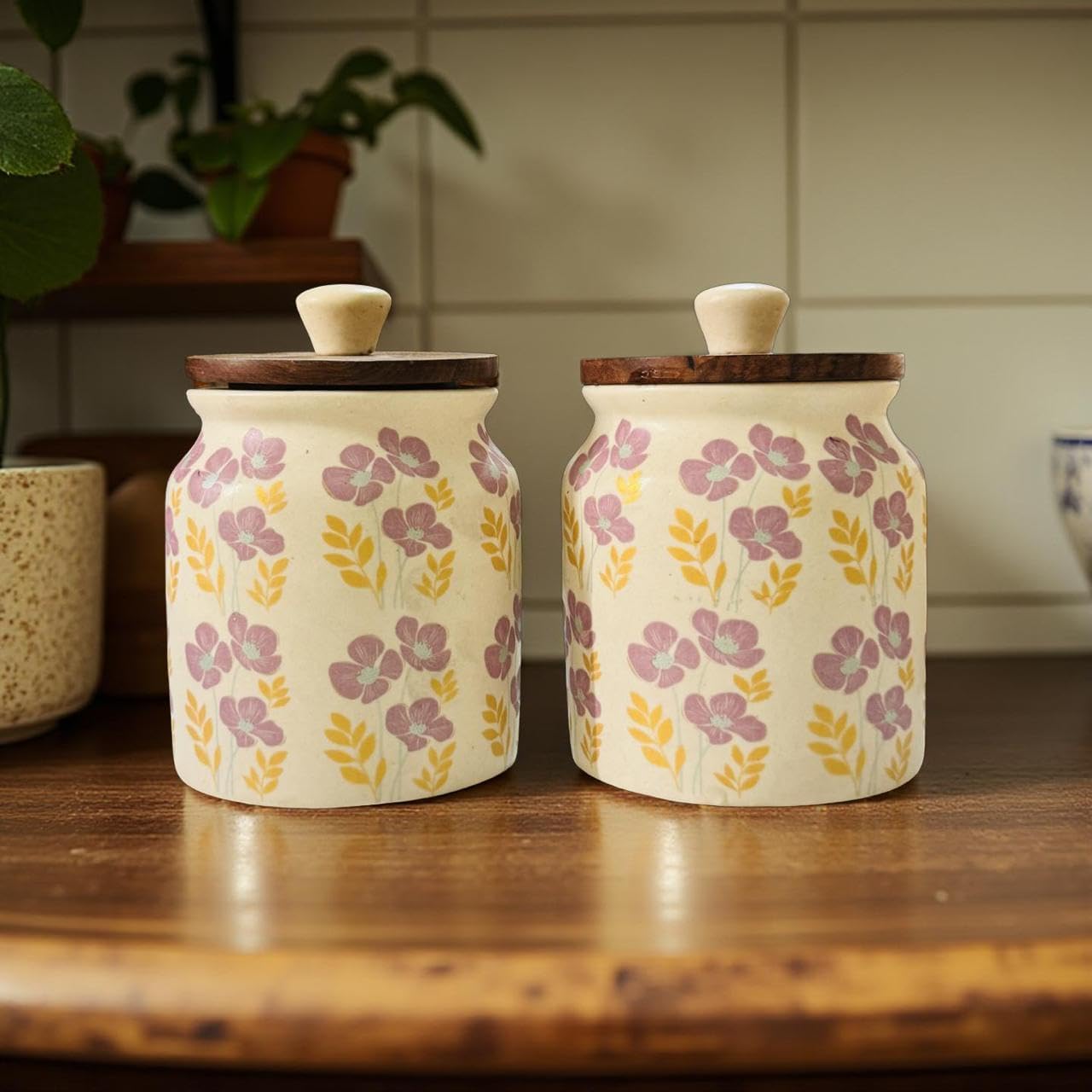 Lupaava Ceramic Storage Jars with Wooden Lids, Floral Pattern Kitchen Canisters, Purple and Yellow Flowers, Set of 2