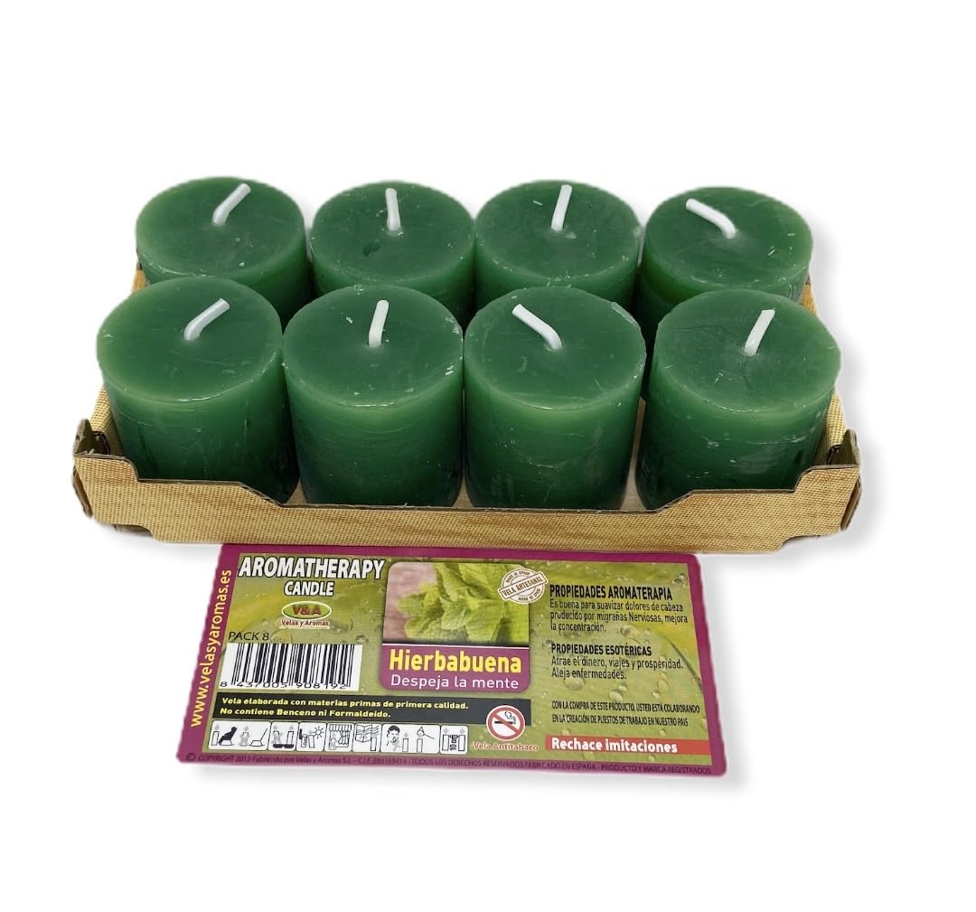Hostenatura Peppermint Candles And Aromas | Pack 8 Esoteric Candles 3.5X3.5cm | Freshness, Positive Energy And Spiritual Harmony | Candles Ritual