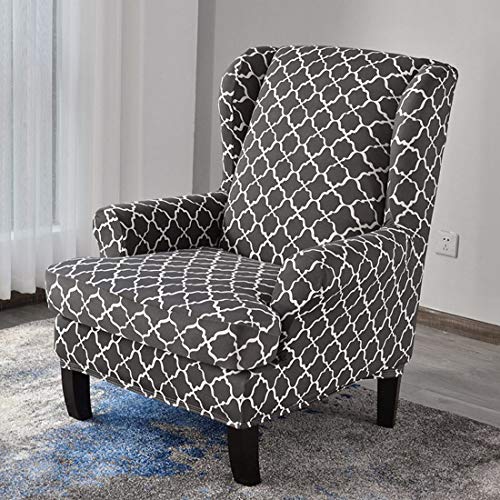 YUENA CARE Wing Chair Cover Printing Spandex High Stretch Slipcovers for Wingback Chairs Slip Resistant 2 Pieces Arms Printing Fabric Furniture Protector Gray One Size - Thumbnail 3