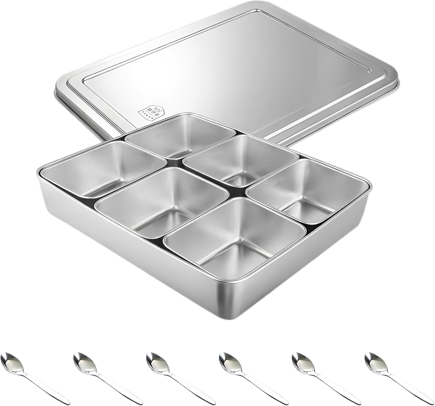 6-Compartment Condiment Dispenser Box with Lids and Spoons, 304 Stainless Steel Yakumi Mise En Place Box, 127 Oz Large Capacity Food Multi-Compartment Set for Kitchen, Restaurant, Buffet