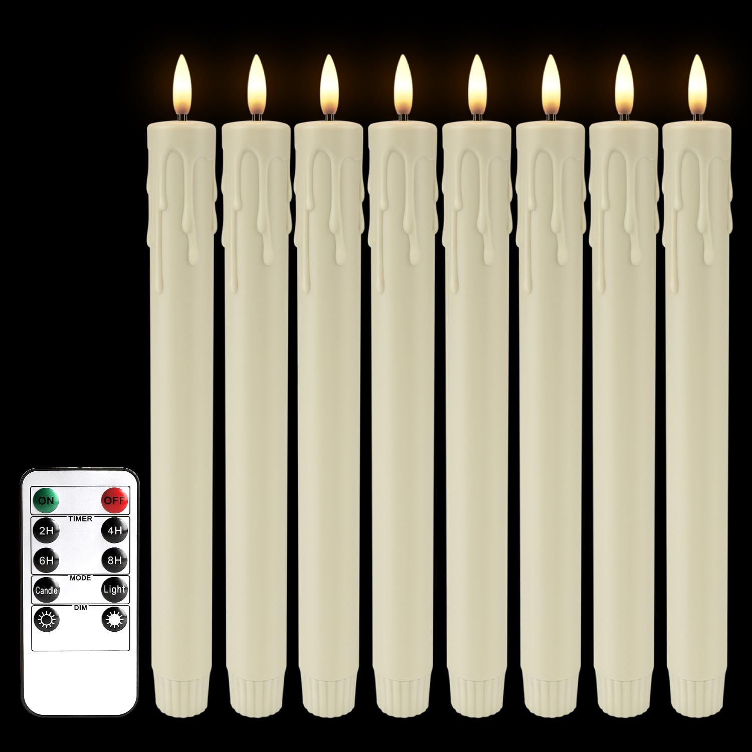 LIVEN 8 Pack LED Flameless Taper Candles with Timer, Dripless Fake Candlesticks with 3D Flickering Flame, 9.6 Inches White Window Candle for Fireplace Christmas Halloween