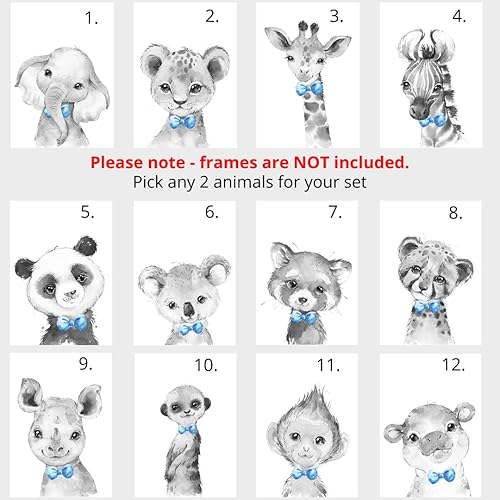 Miniatura 2 de Juego de 3 pósteres de animales de safari para niños, habitación del bebé, sin marco, con nombre personalizado, corbatín azul, verde, amarillo,