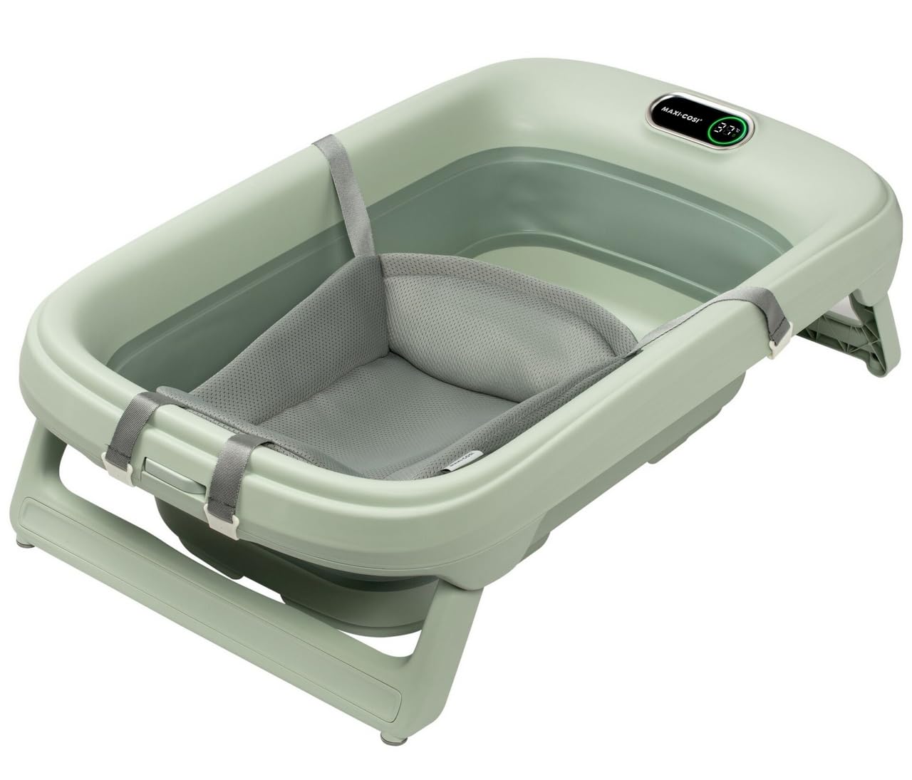 Maxi-Cosi Indigo Plus - Vasca da bagno pieghevole con inserto per neonato, 0-4 anni, spaziosa vasca da bagno mobile per bambini, termometro HighSense integrato, gancio pieghevole, sage green