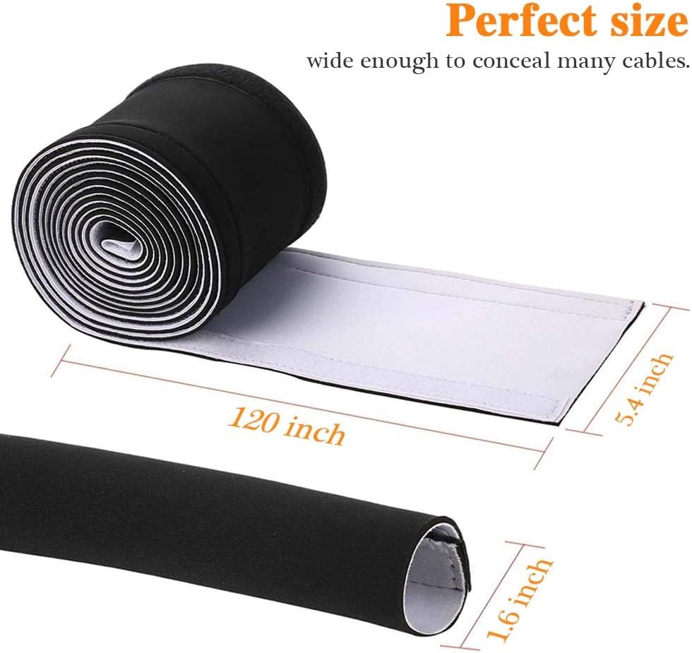 120" Neoprene Cable Management Organizer, Reversible Flexible Cuttable DIY Hole Cord Hider Cover Sleeve for Office TV Computer Home Desk Protect Wires