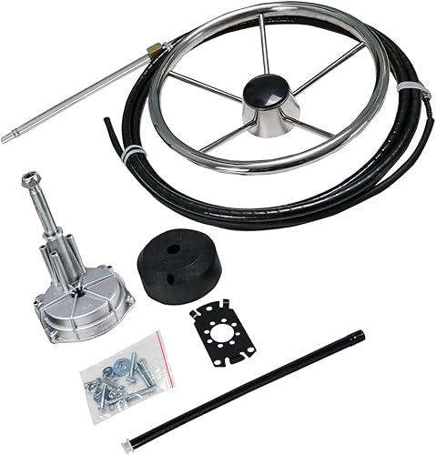 R RUR Sistema de dirección de barco, kit de dirección giratoria fuera de borda con cable de dirección de barco de 16 pies y volante de acero