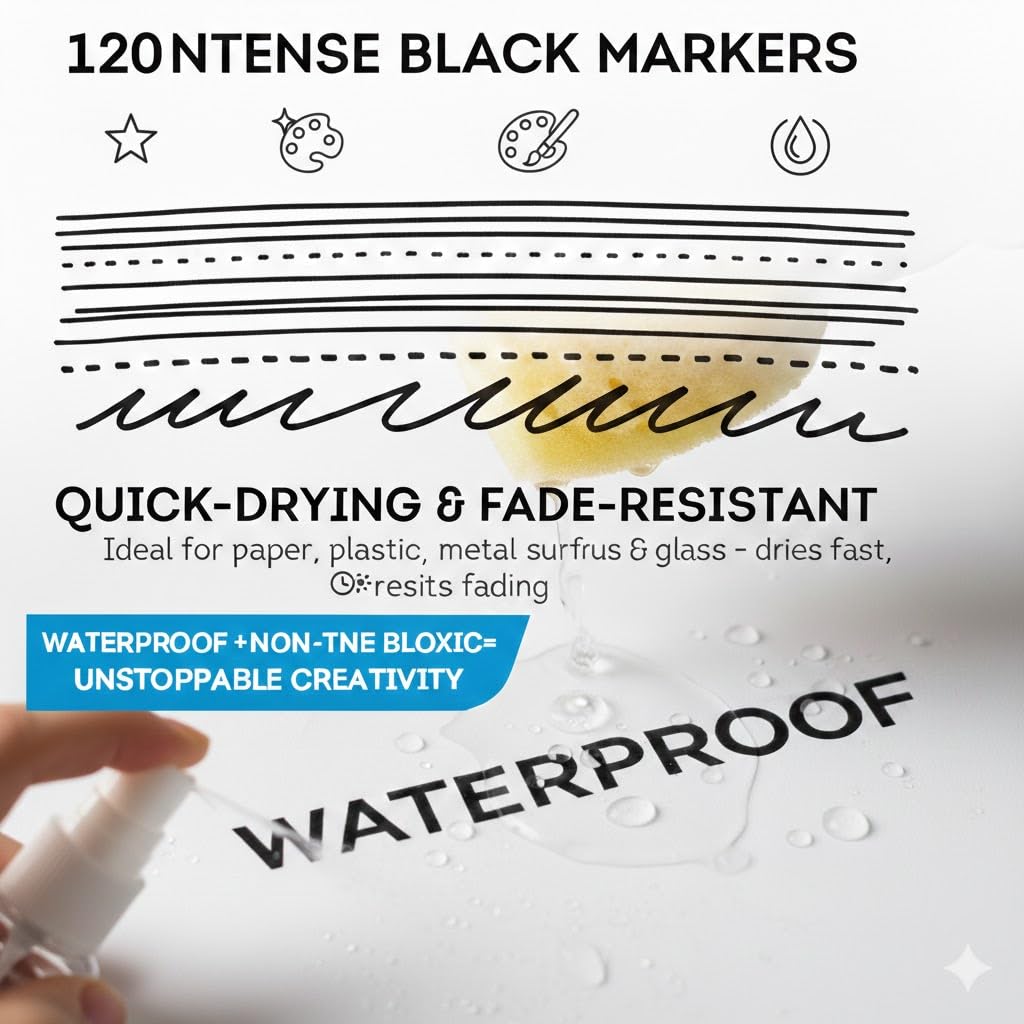 colpart Lot de 120 marqueurs permanents noirs à pointe fine, imperméables, résistants à la décoloration, séchage rapide, fonctionnent sur le bois, le métal, le plastique, la pierre, le verre pour le