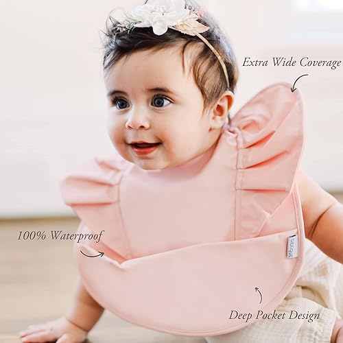 Miniatura 7 de Baberos con volantes para bebés de 6 a 24 meses, baberos impermeables para atrapar alimentos con bolsillo, baberos a prueba de desorden para bebés