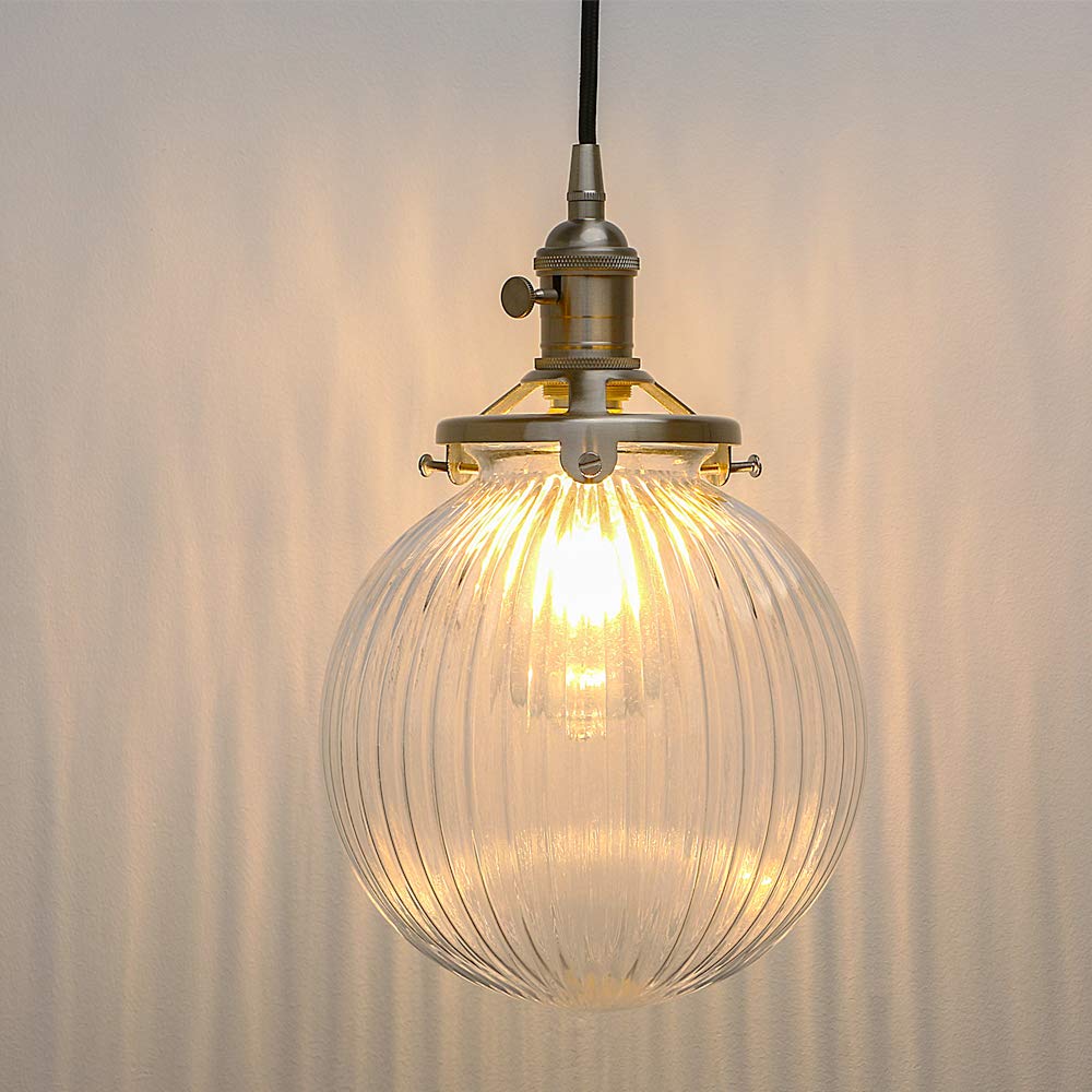 Yosoan Brushed Vintage Edison Switch Pendant Light Fiting With Ribbed Globe Glass Shade, Industrial Pendant Light Fitting Chandelier For Kitchen Dining Room Bedroom Restaurant (Brushed)