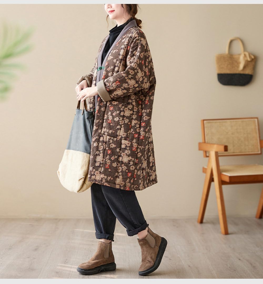 Damen Wintermäntel,Gesteppt,Lange,Lockere Kimono Jacke,Vintage Trenchcoat Mit Braunem V Ausschnitt,Schnalle,Pflaumenblüten Druck,Lässig,Warm,Baumwoll Leinen,Übergangs Outwear Mit Taschen
