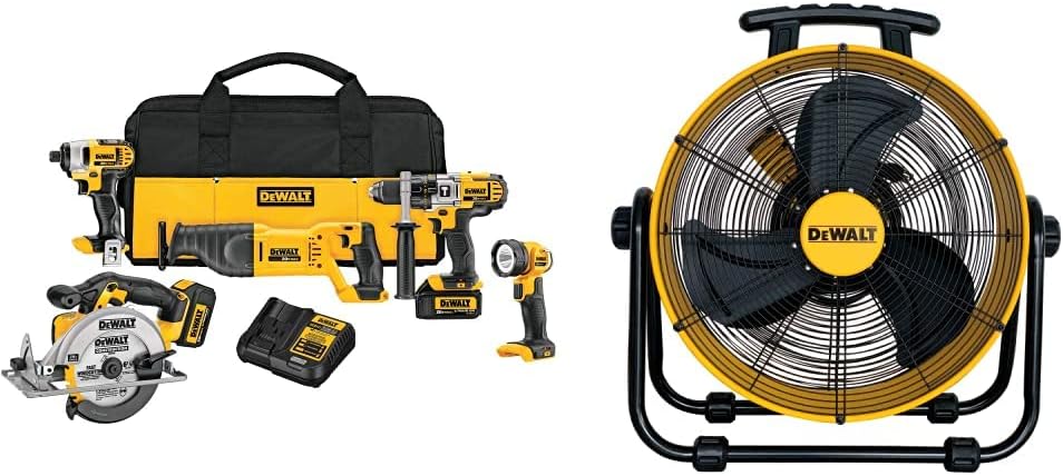 DEWALT 5-Tool 20V MAX Cordless Drill Combo Kit with High-Velocity Industrial Fan & Portable Air Circulator