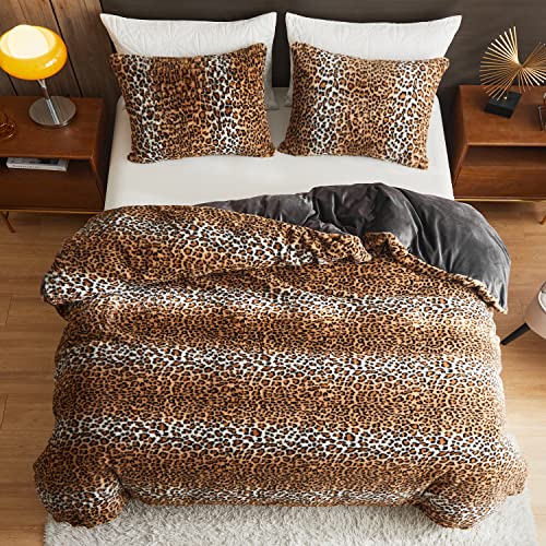 Jeyfull Fluffy Faux Fur Leopard Duvet Cover Set Queen Size Plush Animal Print Comforter Set Cover Luxury Shaggy Bedding Set 3 Piece, 1 Duvet Cover+2 Pillowcases #TOP3