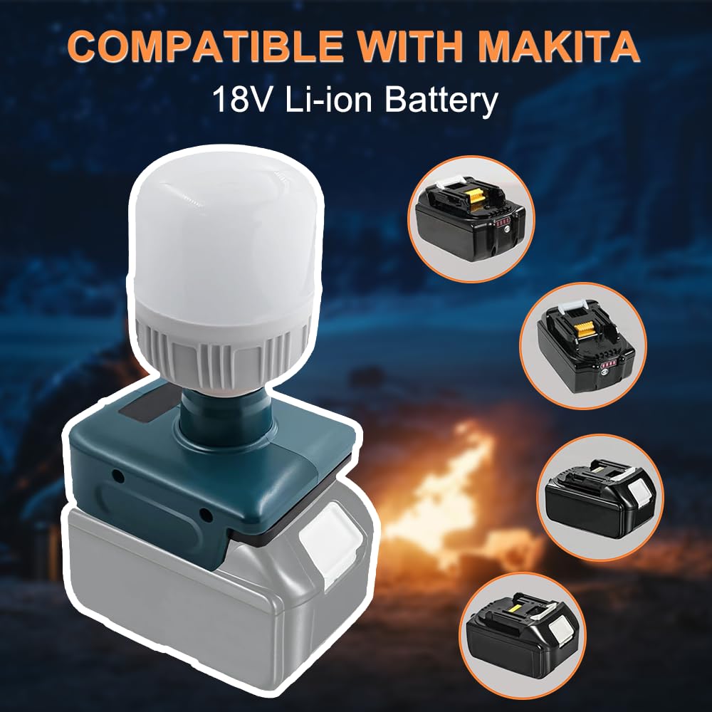 Lámpara de Batería para Makita Batería 18V, Afenau 12W luz de Trabajo con Bombillas E27 Ajustable 350-1300LM, Lámpara Portátil para Obra, Foco de Construcción LED para Batería 18V