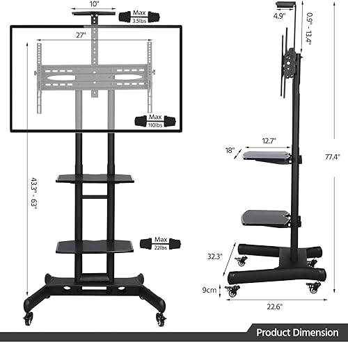 Miniatura 4 de Yaheetech Mobile TV Stand with Wheels, Adjustable Rolling TV Cart for 32 to 75 inch LCD LED Screen TV w/Storage Shelves and Heavy Duty Base, Holds
