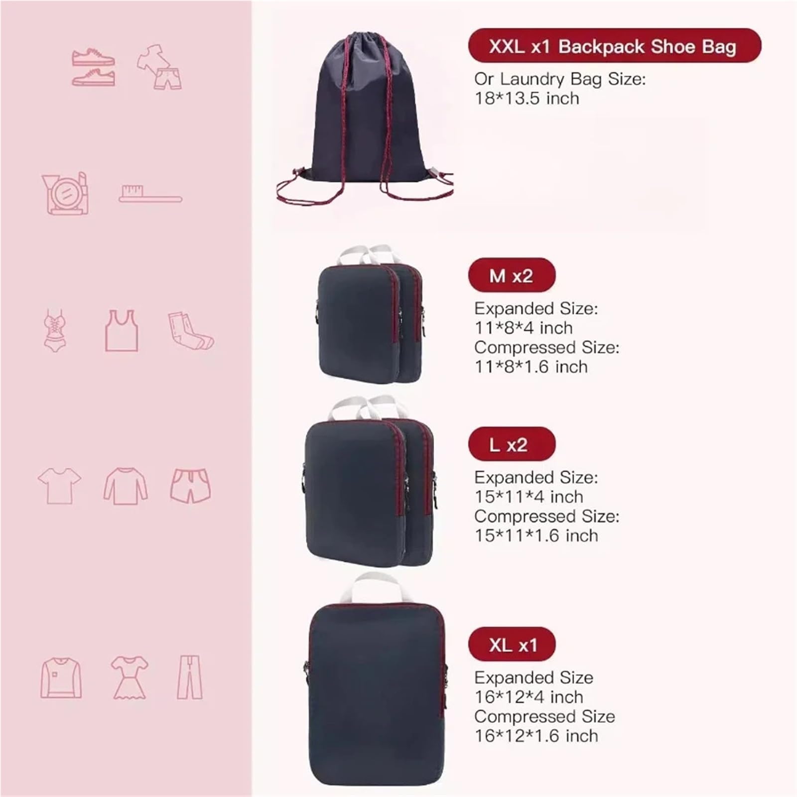Cubi di imballaggio a compressione impermeabili for valigie, organizer for borse portatili espandibili for articoli essenziali da viaggio Organizer per valigie(BLACK 6pcs)