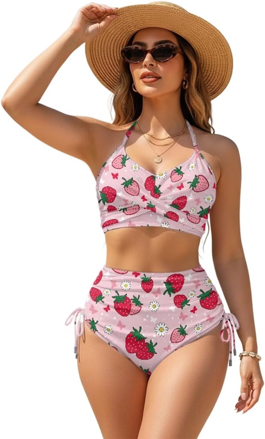 Womens 2PCS High Waisted Wrap Front Bikini Sets Cross Straps Swimsuit Tummy Control Bathing Suit for Party Barbecue