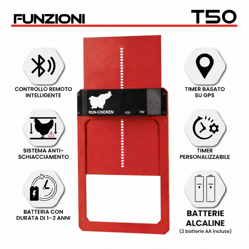 RUN-CHICKEN Porta T50 – sportello automatico per polli in alluminio, funziona a batteria e resistente agli agenti atmosferici, controllo tramite app e timer, sicuro dai predatori, installazione