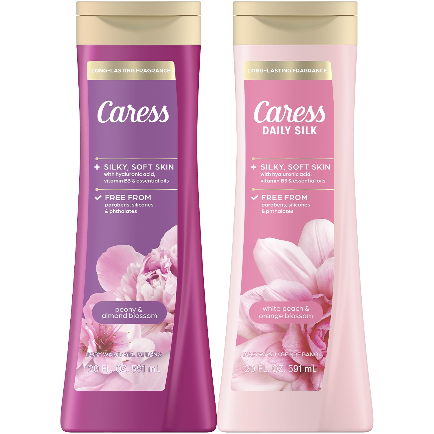 Caress Body Wash Variety 2-Pack – Daily Silk White Peach & Orange Blossom + Peony & Almond Blossom, Self-Care Gifts for Women, 20 Oz Ea