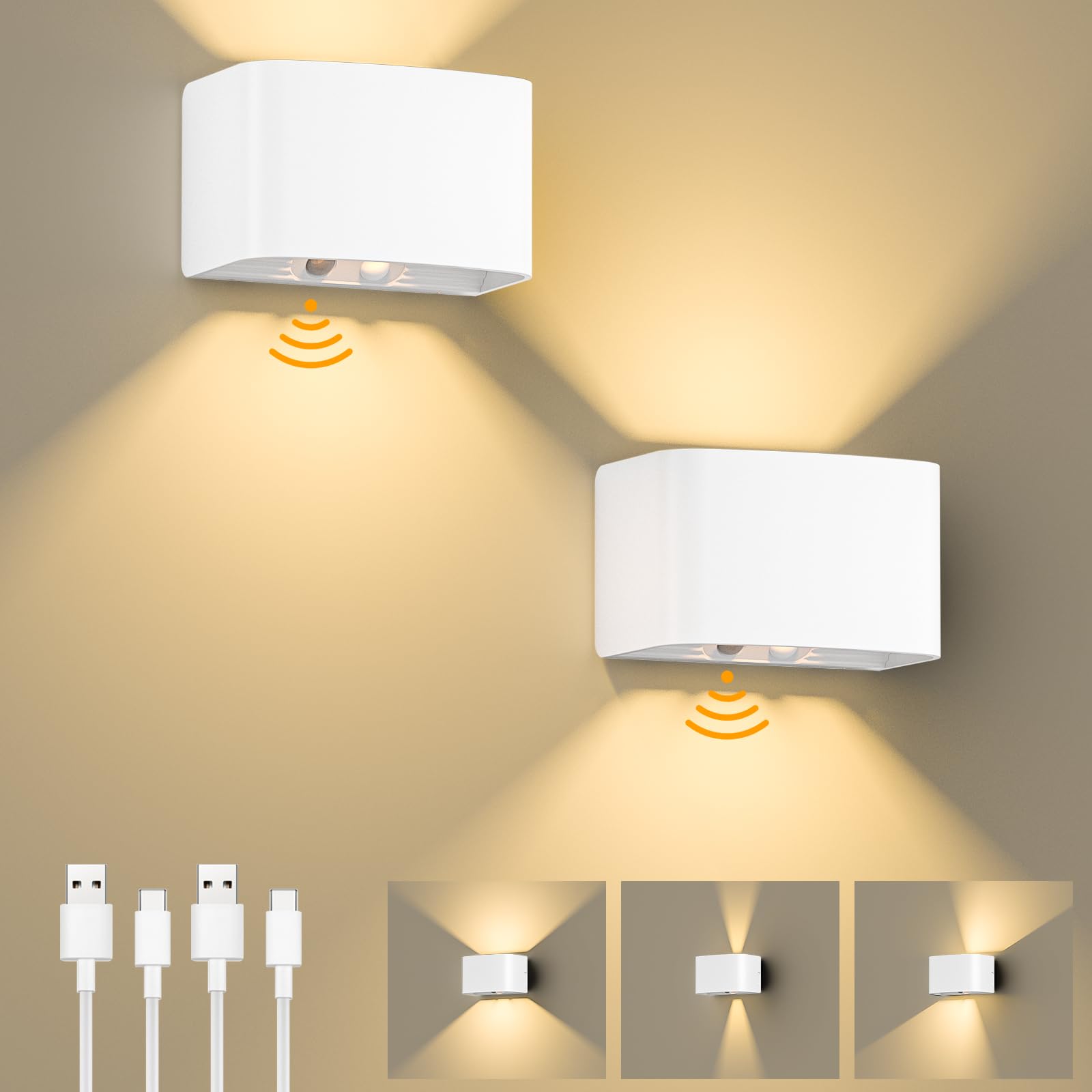 Birnetek® Lámparas LED de Pared con Sensor de Movimiento, Lámpara de Pared Inalámbrica Recargable, Negro Lamparas Sin Cables para Escalera, Pasillos, GaleríAs, Dormitorio, 2 Piezas (Blanco)